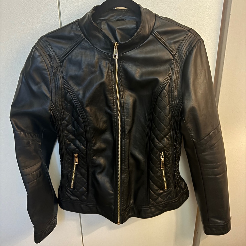 Black Faux Leather Jacket Stand Colar Size Small
